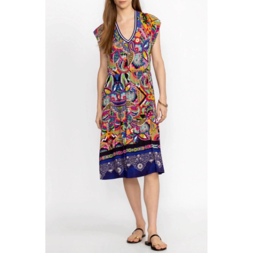 Johnny Was Los Angeles Womens Multi Color Floral Geometric V-Neck Dress Janie